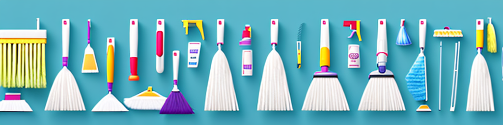 A variety of cleaning tools like brooms