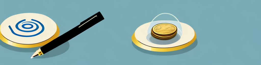 A scale balancing a pen and a coin