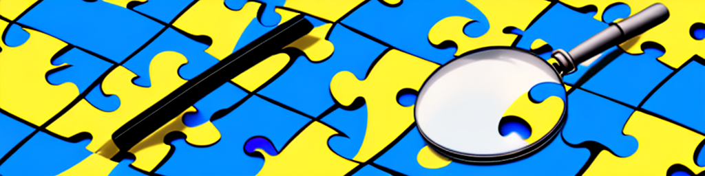 A magnifying glass hovering over a puzzle with a missing piece