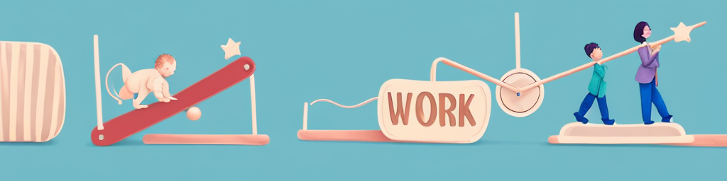 A baby crib and a briefcase on a seesaw