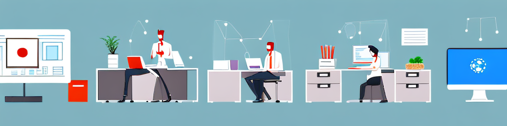 A modern office environment with empty desks and chairs