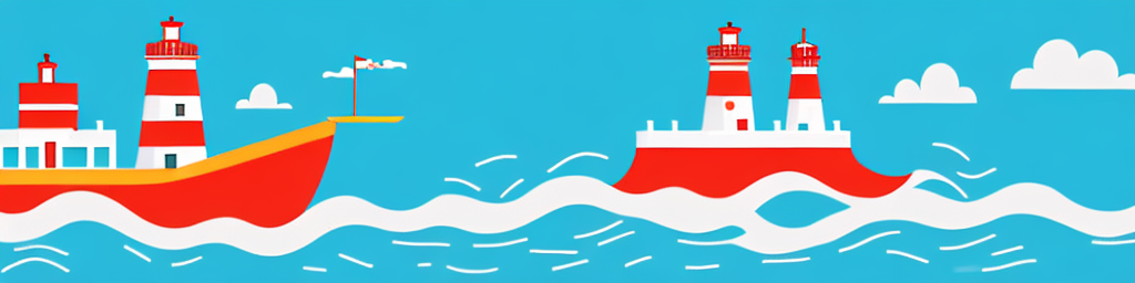 A sturdy ship navigating through rough waters towards a lighthouse