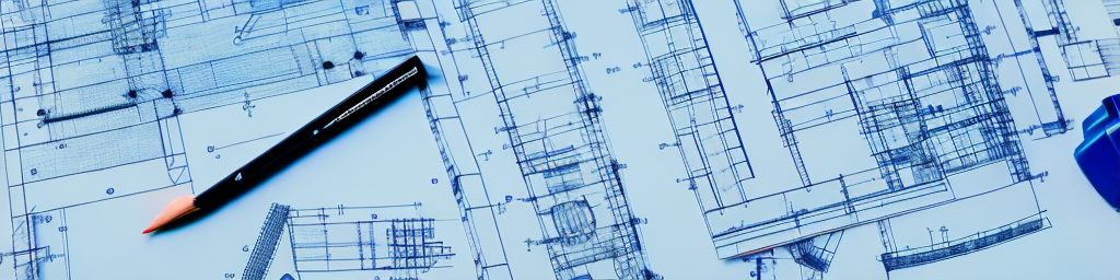 A construction site with various tools like a blueprint